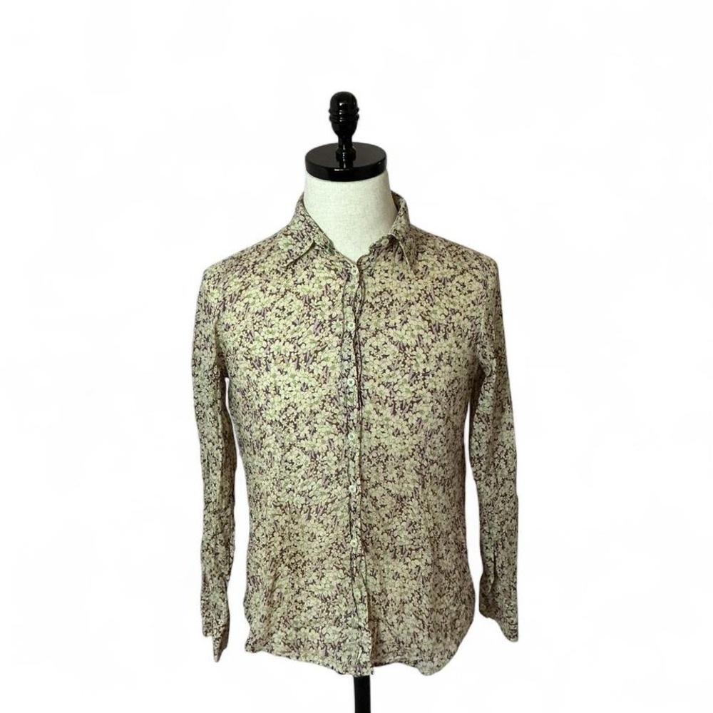 Floral Button Up Shirt Cream Brown Purple Print Long Sleeve‎ Cotton Casual